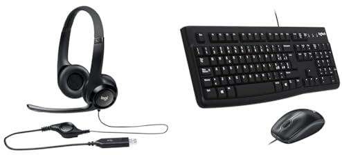 Logitech H390 Cuffie Cablate, Cuffia Stereo con Microfono Regolabile con Cancellazione del ‎‎Rumore & MK120 Combo Tastiera e Mouse con Filo per Windows, Mouse Ottico Cablato
