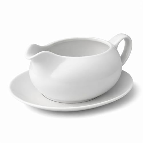 Concept4u White Porcelain Gravy Boat with Saucer 550ml Traditional Jug Creamer Custard Serving Boat for Salad Dressing, Broth & All Types of Kitchens