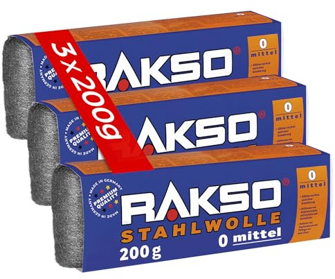 RAKSO Stahlwolle mittel 0-600 g, 3 Banderolen à 200g, glättet Holz, entfernt Schmutz auf Kacheln/Steinböden, poliert Kupferrohre/Fittings