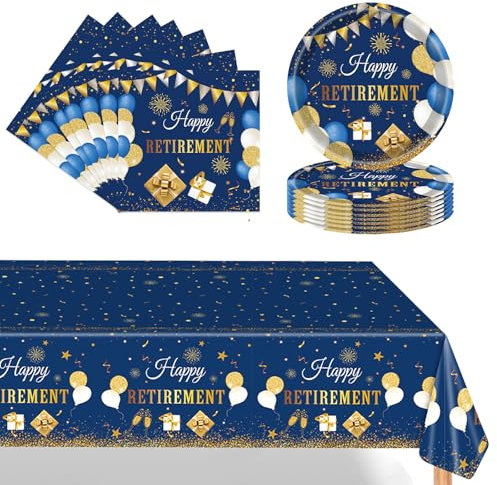 POPOYU 37 Pièces Vaisselle de Or bleu en Papier -16x Assiettes en Papier,20 x Serviettes,Nappe,Ensemble de Vaisselle pour Fournitures de Décoration Fête de Retraite (16 invités)