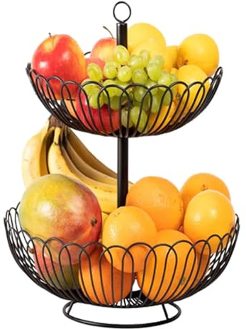 JKFGYTHG 2 Tier Fruit Bowl Large Basket - Keeps Fruits and Veg Fresh - Vegetable Stand Vintage Style Black - Countertop Metal Fruit Bowls for The Kitchen (33 x 33 x 38,5 cm) Fruit and Veg Storage