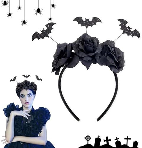 VIDSTW Halloween Haarreifen Damen mit Schwarze Blumen und Schläger, Haarreif für Halloween-Accessoires Halloween Kostüm Accessoires Stylische Haarreifen von Helloween, Halloween Kopfschmuck