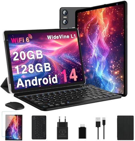 Biegedy Tablet 10 Pulgadas Android 14, 20GB RAM + 128GB ROM (TF 1TB), Dual Band WiFi 6, Octa-Core, Widevine L1 / 5 MP + 8 MP / 1280 * 800 Pixels/GMS/Bluetooth 5.0, Tablet con Teclado y Raton Negro