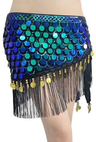 Anevous Damen Bauchtanz Gürtel, Pailletten Tassel Bauchtanz Rock, Bauchtanz Kostüm Hüfttuch, Tanztuch Bauchtanzgürtel, Dance Hip Schal für Frauen Mädchen, Performance, Bühnenaufführungen,Buntes Grün