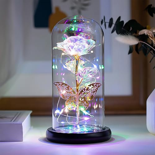 Palmcee Galaxy Rose for Her, Birthday Gifts for Women, Light Up Rose in Glass Dome, Artificial Flower Gifts for Mom, Christmas Rose Gifts Ideas for Wife, Forever Rose with LED Colorful Light