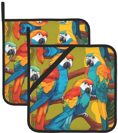 BROLEO Topflappen-Set, 20,3 x 20,3 cm, hitzebeständiges und langlebiges Küchenzubehör mit wasserdichtem Stoff, zweifarbige Papageien-Drucke