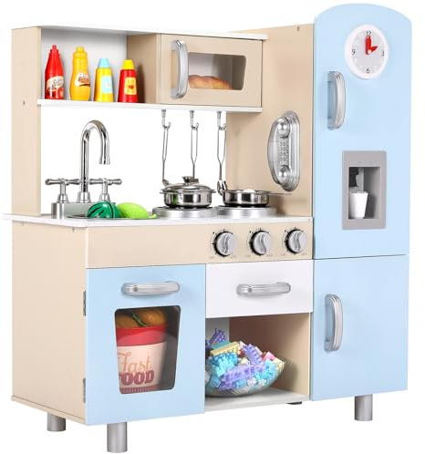 MAMIZO Spielküche mit Licht und Sound, Kinderküche Holz, Puppenküche mit Herd, Eismaschine, Telefon, Uhr, Spielzeugküche für Kinder ab 3 Jahren, 81x74x30 cm Kleine Küche, Blau