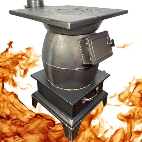 Gusseisen-Holzofen, umweltfreundlicher, energiesparender Multibrennstoff-Gusseisenkamin, Camping-Holzofen for drinnen und draußen mit grauem Kasten, for Kochen, Heizen, Camping, Grillen, Unterstände(5
