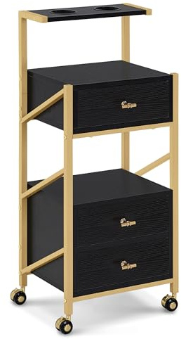M MCombo Carro de peluquería con ruedas y 3 cajones, carrito de servicio negro y dorado, carrito de salón con 2 estantes y 2 soportes para secador de pelo, moderno carrito de trabajo para baño o salón