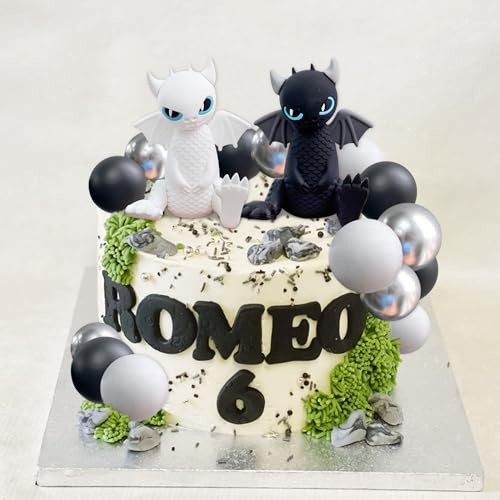 Black White Dragon Cake Topper Dragon Eggs Black White Silvery Balls | for Fantasy Baby Shower Birthday Wedding Party Supplies