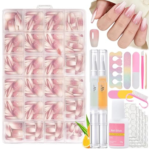 Falsche Nägel Tips Set - 360 Stück Gradient Press on Nails Ballerina, Französisch Falsche Nägel Zum Aufkleben mit 16Pcs Maniküre Set, Weiß Rosa Farbverlauf Fake Nails für Frauen DIY (BallettRosa)