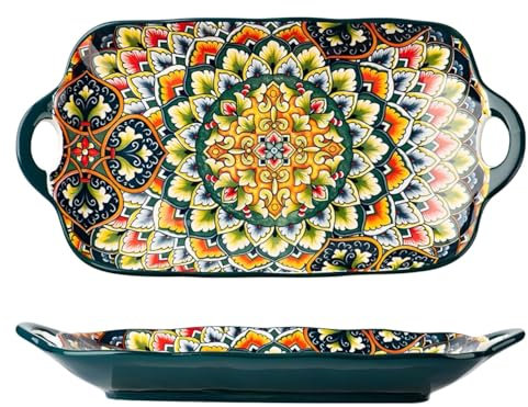 UZAMIRLEX Teglie per Lasagne, Teglia for Lasagne in Ceramica con Doppi Manici, Stampa Floreale, Multicolore, 32x17x4 cm(Green)