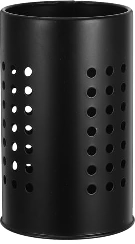 Porta Utensilios de Cocina Acero Inoxidable Negro con Drenaje y Ventilación | Cubo Grande para Palillos y Cucharas, Diseño Redondo Perforado, Mesa de Cocina, Orden Diario
