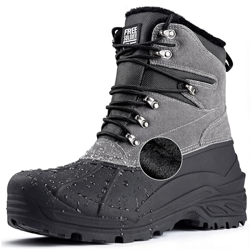 FREE SOLDIER Mens Snow Winter Boots for Men Warm Fleece Lining Winter Ski Shoes Waterproof Insulated Booties(GRAY 12)