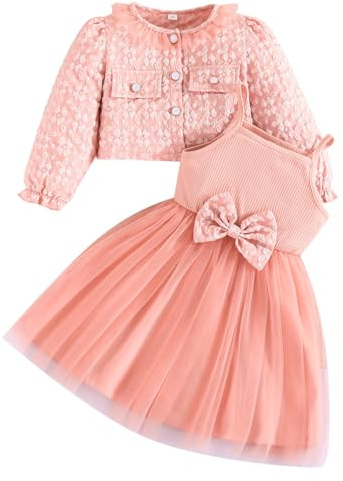 Yanmucy Flickklänningar och kappa set 2 st texturerat blomtryck klänningar långärmad kofta baby flicka kläder kläder för 2–8 år, ROSA, 2-3 år