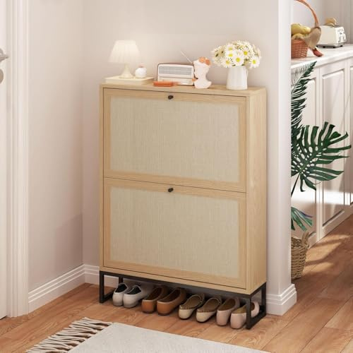 GuannCraft Schuhschrank，Schuhschrank Schmal mit 2 Klappenschubladen mit modernen schmalen Ablagefächern, geeignet für Flure und Eingangsbereiche