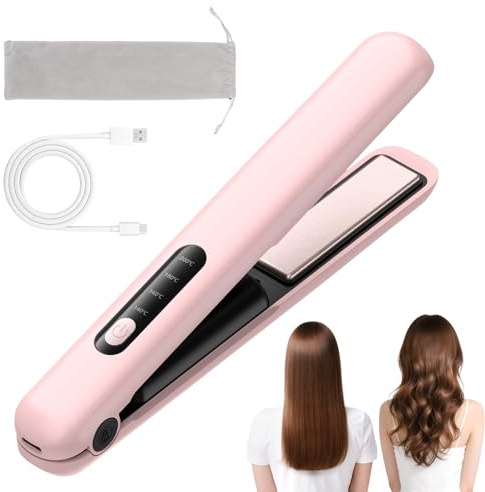 Cordless Hair Straighteners and Curler 2 in 1 Mini Travel Hair Straighteners for Women with Quick Heat Up LCD Display, USB-C Charging, 4 Temp Modes Travel Flat Wireless