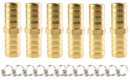 ANGEEK 6 stycken mässingsslangkontakter slanganslutning 12 mm rak krok anslutning slangkoppling tyllkontakt gängmontering mässing beslag 2 vägs rak mässing tyllkontakt