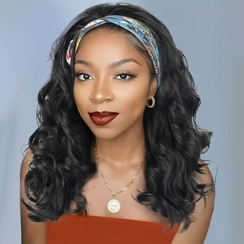 16Inch Body Wave Headband Wig Glueless Synthetic Wigs for Women with Natural Hairline 150% Density Black Wavy Human Like Hair Easy Install in 2 Mins for Daily & Party