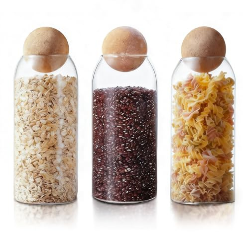 HomeyHoney Vorratsgläser mit Deckel mit Korkkugel, Vorratsglas 3er Set | Aufbewahrungsgläser mit Deckel für Candy Bar und Küche, Borosilikatglas, Bonbonglas für Süßigkeiten, Kekse, Kaffee, 1200 ml