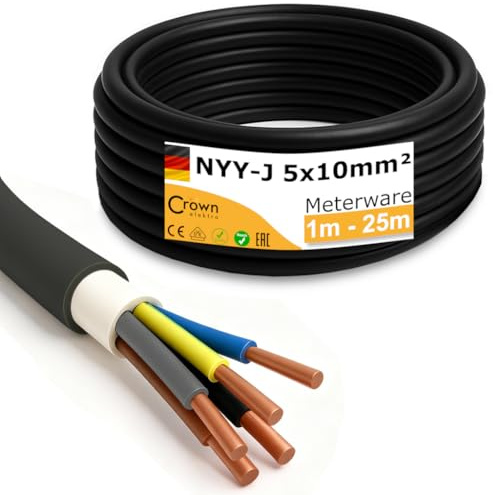 NYY-J 5x10mm² Erdkabel | 1–25m Meterware | 5-adriges Starkstromkabel aus Kupfer | Außenkabel für Drehstrom, Wallbox & Elektroinstallation | Made in Germany | Länge (25m)