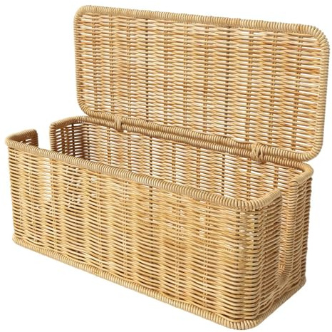 Handmade Cable Management Box - Imitation Rattan Cable Tidy Box with Lid Wooden Double Open Slot Cable Storage Box Dustproof Management Socket for Computer Router USB Hub & Power Strip