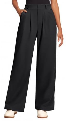 Oyamiki Black Trousers Women Wide Leg High Waisted Pants Pleated Front Office Waffle Knit Breathable Work Casual Dressy Pants S
