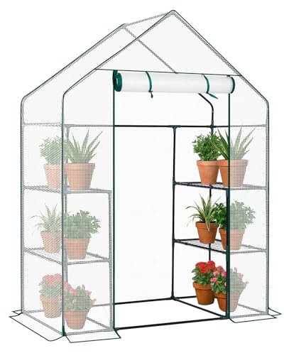 LEADZM Gewächshaus mit UV-beständiger PE-Gitterfolie，4 Metallablagegittern, Sturm-Winterfest, Schutz vor Kälte,Frost, Anzucht für Tomaten & Pflanzen, Balkon Garten (Transparent, 142 x 74 x 196 cm)