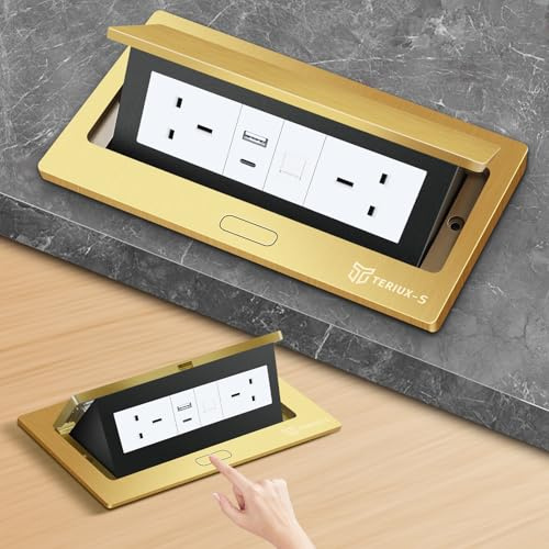 Recessed Desktop Power Socket with 2 UK Outlets, 1 RJ45, USB-A & Type-C Ports, Hidden pop-up design with brushed aluminium cover, perfect for modern kitchens, offices, and meeting tables (Golden)