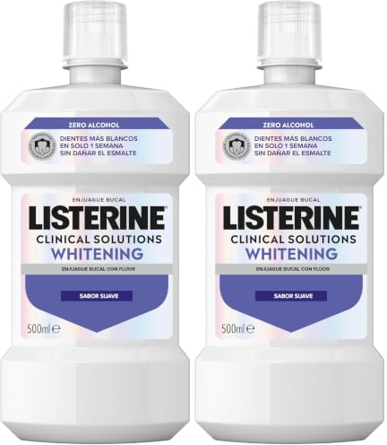 Listerine Advanced White Sabor Suave (1 x 500 ml), enjuague bucal 0% alcohol, enjuague bucal sin alcohol sabor menta, colutorio blanqueador dental para una limpieza óptima (Paquete de 2)