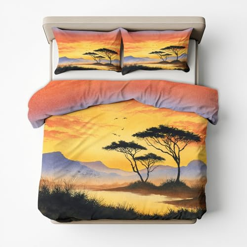 Bettwäsche 135x200 Afrika Afrikanische Savanne Design, 2teilig - Sonnenuntergang Landschaft Bettbezug und 1 Kissenbezug 80x80, Wendebettwäsche, Schlafzimmer Deko, Mikrofaser, mit Reißverschluss SD-143