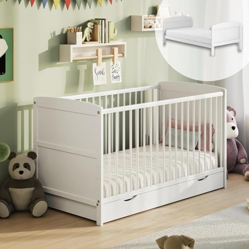 Lit bébé 70 x 140 cm avec tiroir, lit à barreaux, lit d'enfant, hauteur réglable et échelons amovibles en option avec matelas | Autres tailles : 60 x 120 cm | 70 x 140 cm : de la naissance à 6 ans