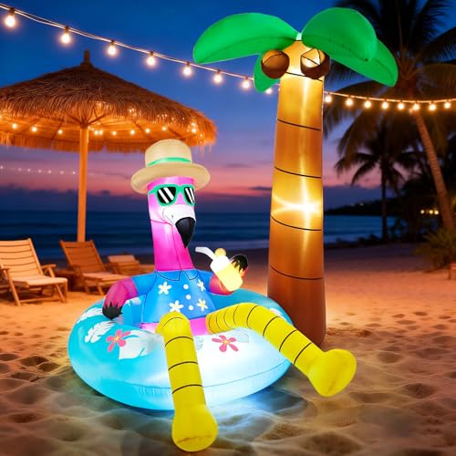 Blafly Fenicottero gonfiabile decorazioni per esterni con palma 1,8 m hawaiano gonfiabili gonfiabili estivi con luci a LED per feste tropicali Luau Beach Pool Forniture Yard Garden Lawn Decor