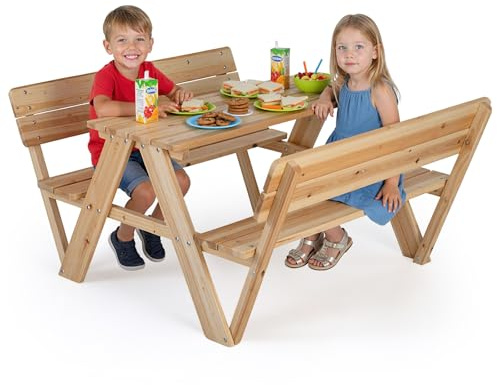 RELAX4LIFE Tavolo da Picnic per Bambini, Tavolo in Legno per Bambini con Panchine e Schienali Integrati per 4, Set Multifunzione di Tavolo e Sedie per Patio, Giardino, Cortile, 3+ Anni, Naturale