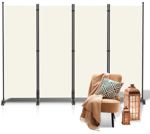 Ollewiellan Paravent Raumteiler Innen, Paravent Faltbar 4-Teilig 228x181x30cm,Sichtschutzwand,Spanische Wand Sichtschutz aus Polyesterfaser,Trennwand Raumteiler auf Rollen（Beige）