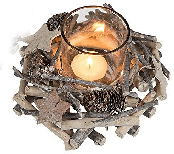Adventsgesteck Windlicht mit Holzkranz Glitzer Natur klein - als Adventskranz/Weihnachtstischdeko UVM.