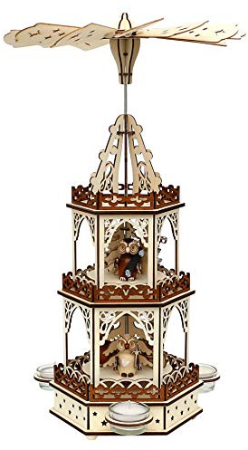 Dekohelden24 Photophore Pyramide en Bois Naturel/Marron avec 3 étages, pour 3 Bougies Chauffe-Plat, L/L/H : 19 x 16,5 x 42 cm, Motif : forêt de Chouettes.