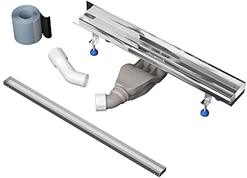 Aquabad Hochglanz Edelstahl Duschrinne mit Wandaufkantung - Slim Wall Premium, Länge 60 cm, Komplett Set inkl. Abdeckung Befliesbare Mulde, Siphon und Haarsieb