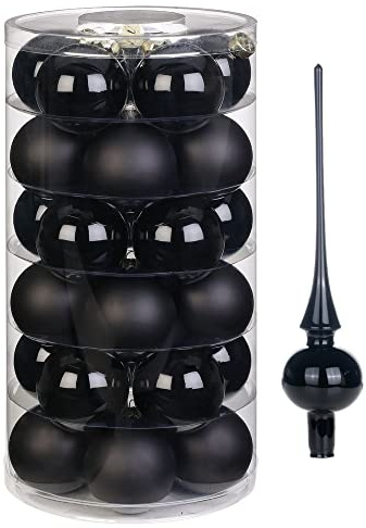Inge Glas Magic Weihnachtskugeln | 30 Kugeln & Spitze | Christbaumkugeln Baumspitze (Ebony Black Spitze schwarz)