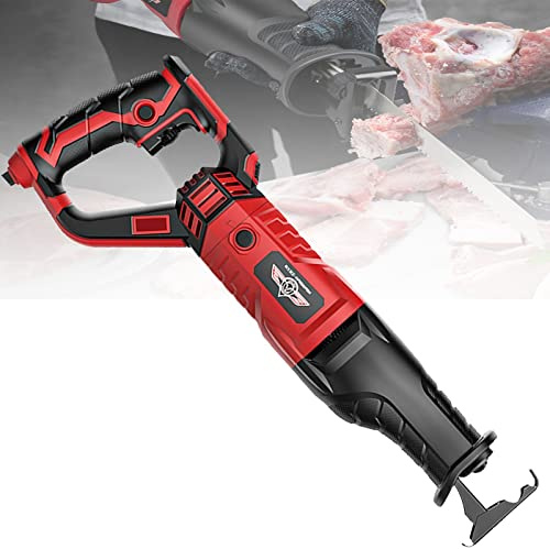 Scie de Boucher Électriques, Multifonction Scie Sabre pour Couper Viande Congelée, Os, Métal, Bois, Plastique, Corps de Machine Rotatif à 180°+ Réglage à 6 Vitesses (Color:Red)