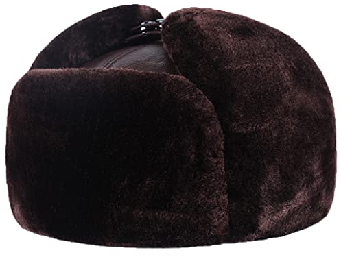 ZHOUXIAO Winter-Leder-Trapper-Hut Mit Ohrklappen Für Männer Und Frauen, Winddicht Wasserdichter Bomber-Hut-Aviator-Hut, Soldat-Russisch-Faux-Pelzhut, Geschenk Für Älteste brown-58-59CM