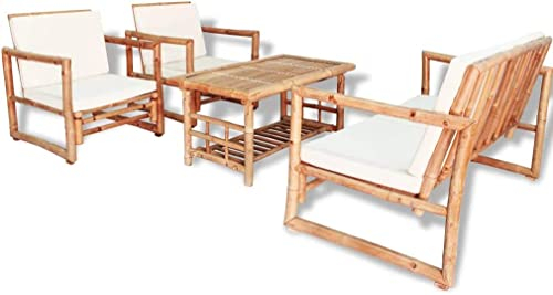 KOIECETA Gartenmöbel 4-TLG. mit Auflagen Bank Stuhl Tisch Gartenbank Gartensessel Gartensofa Sofa Gartenset Garten Garnitur Sitzgruppe Bambus (Creme)