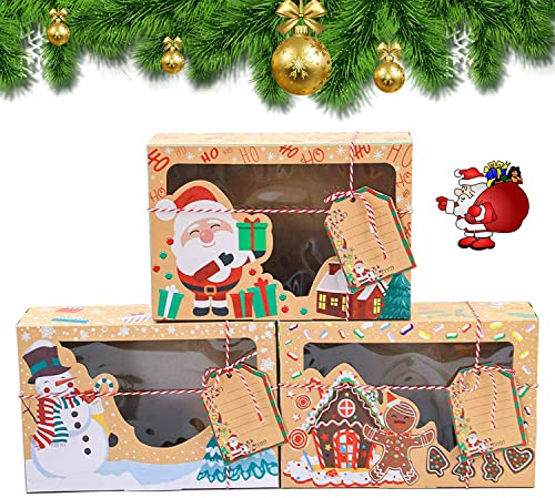 iKesoce 9 Stück Keksschachtel Weihnachten, Wiederverwendbare Weihnachtsboxen zum Befüllen Weihnachts Kekskästen Boxen Weihnachten Bäckerei behandeln Keks-Boxen mit Sichtfenster Anhänger und Seil