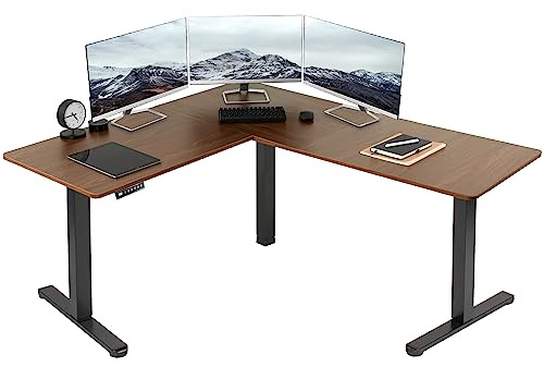 VIVO Corner Standing Desk, 63 x 55 inch Reversible L-Shaped Workstation, Electric Height Adjustment, Home, Office, and Reception Rooms, Dark Walnut Table Top Black Frame, DESK-E3CTD