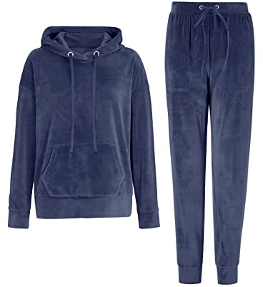 REORIA Damen Tracksuit Set Langarm Hoodie Jogger Rundhalsausschnitt Zweiteiliges Outfit Trainingsanzug Marine Blau XXL