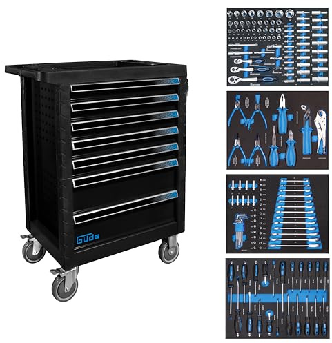 Werkstattwagen GW7 Black Line 165-tlg. (belastbar bis 400 kg, 7 kugelgelagerte Schubladen, 4 Rollen, 2 Lenkrollen mit Feststellbremsen, genormte Lochwände, abschließbar, inkl. 165-tlg. Werkzeugset)