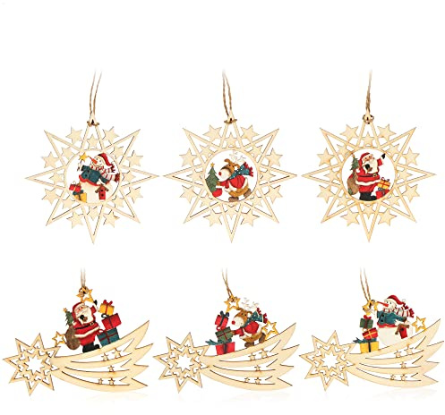 com-four® 6X Holzanhänger für den Weihnachtsbaum, Weihnachtsanhänger | Christbaumschmuck aus Holz - Holzverzierung Weihnachtsdeko mit bunten Motiven - Dekoration für den Weihnachtsbaum