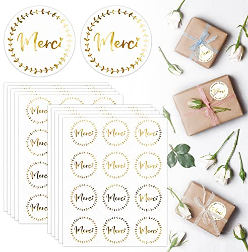 120PCS Merci Autocollants Noël Stickers Or Étiquettes Adhésif Rond Remerciement Scrapbooking Bricolage pour Sac Emballage Cadeau Cartes de Vœux Enveloppe Mariage Anniversaire Stickers Merci Noël 4cm