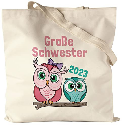 Hey!Print Große Schwester 2023 Jutebeutel Stoffbeutel Canvas Süßes Motiv Eulen Nachwuchs Schwangerschaft Geschenkidee Baby-News