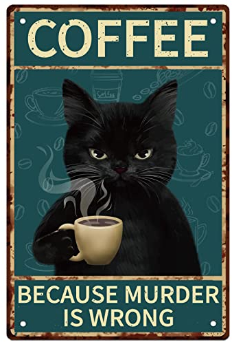 GLOBLELAND Coffee Cat Vintage Metal Iron Sign Plaque Poster Retro Metal Wall Decorative Tin Signs 11.8×7.9inch for Home Bar Coffee Shop Restaurant Kitchen Club Decoration